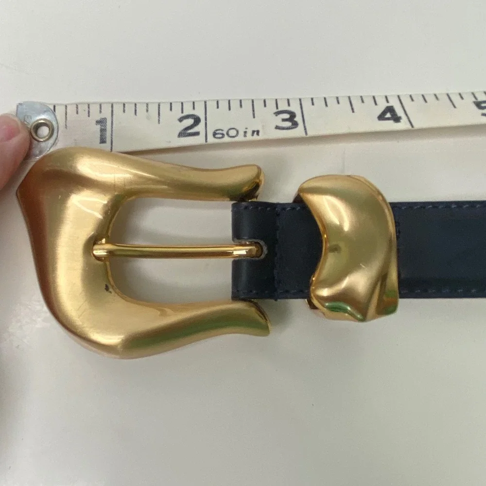 Captiva Navy Blue Genuine Leather‎ Belt Gold Sculptural Buckle Womens Small VTG?